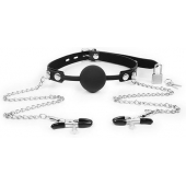 Черный кляп-шарик с зажимами на соски на металлической цепочке - Notabu - купить с доставкой в Волгограде