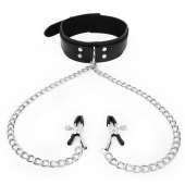 Черный ошейник с зажимами на соски на цепочке - Notabu - купить с доставкой в Волгограде