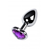 Серебристая коническая анальная пробка с фиолетовым кристаллом-сердечком - 7 см. - ToyFa - купить с доставкой в Волгограде