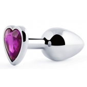 Серебристая анальная пробка с фиолетовым кристаллом-сердечком - 8 см. - Anal Jewelry Plug - купить с доставкой в Волгограде