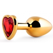 Золотистая анальная пробка с красным стразом-сердечком - 8 см. - Anal Jewelry Plug - купить с доставкой в Волгограде
