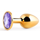 Золотистая анальная пробка с фиолетовым стразом - 7,2 см. - Anal Jewelry Plug - купить с доставкой в Волгограде