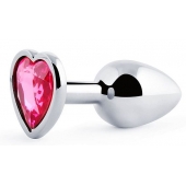 Серебристая анальная пробка с розовым кристаллом-сердечком - 7 см. - Anal Jewelry Plug - купить с доставкой в Волгограде
