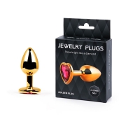 Золотистая анальная пробка с малиновым кристаллом-сердечком - 7 см. - Anal Jewelry Plug - купить с доставкой в Волгограде