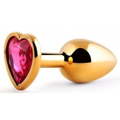 Золотистая анальная пробка с малиновым кристаллом-сердечком - 7 см. - Anal Jewelry Plug - купить с доставкой в Волгограде