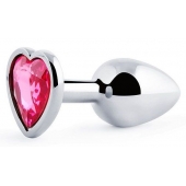 Серебристая анальная пробка с малиновым кристаллом-сердечком - 7 см. - Anal Jewelry Plug - купить с доставкой в Волгограде