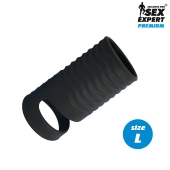 Черная открытая насадка на пенис с кольцом для мошонки L-size - 8,5 см. - Sex Expert - в Волгограде купить с доставкой