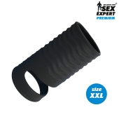 Черная открытая насадка на пенис с кольцом для мошонки XXL-size - 9,4 см. - Sex Expert - в Волгограде купить с доставкой