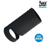 Черная открытая насадка на пенис с кольцом для мошонки XXXL-size - 9,9 см. - Sex Expert - в Волгограде купить с доставкой