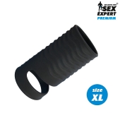 Черная открытая насадка на пенис с кольцом для мошонки XL-size - 8,9 см. - Sex Expert - в Волгограде купить с доставкой