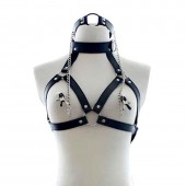Черная портупея на грудь с кляпом и зажимами для сосков - Notabu - купить с доставкой в Волгограде