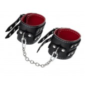 Черные кожаные оковы с двумя ремнями и красной подкладкой - Pecado - купить с доставкой в Волгограде