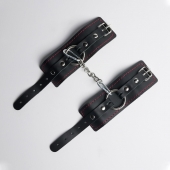 Черные кожаные наручники с красной строчкой - Crazy Handmade - купить с доставкой в Волгограде