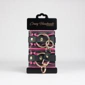 Черные кожаные наручники с розовой строчкой - Crazy Handmade - купить с доставкой в Волгограде