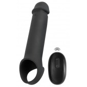 Черная вибронасадка для пениса с хомутом для мошонки и пультом ДУ Remote Controlled Penis Extension - Orion - в Волгограде купить с доставкой