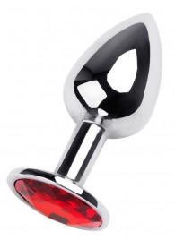 Маленькая коническая серебристая анальная пробка с красным кристаллом - 7 см. - ToyFa - купить с доставкой в Волгограде