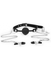 Черный кляп-шарик с зажимами на соски на металлической цепочке - Notabu - купить с доставкой в Волгограде