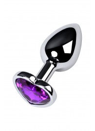 Серебристая коническая анальная пробка с фиолетовым кристаллом-сердечком - 7 см. - ToyFa - купить с доставкой в Волгограде