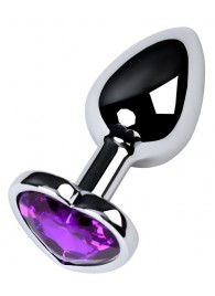 Серебристая коническая анальная пробка с фиолетовым кристаллом-сердечком - 7 см. - ToyFa - купить с доставкой в Волгограде