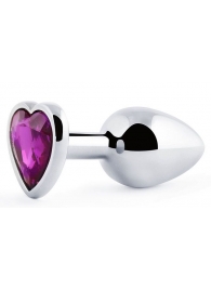 Серебристая анальная пробка с фиолетовым кристаллом-сердечком - 8 см. - Anal Jewelry Plug - купить с доставкой в Волгограде