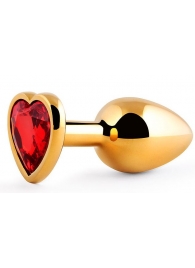 Золотистая анальная пробка с красным стразом-сердечком - 8 см. - Anal Jewelry Plug - купить с доставкой в Волгограде