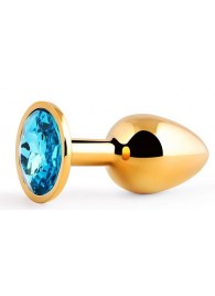 Золотистая анальная пробка с голубым стразом - 7,2 см. - Anal Jewelry Plug - купить с доставкой в Волгограде