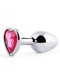 Серебристая анальная пробка с розовым кристаллом-сердечком - 7 см. - Anal Jewelry Plug - купить с доставкой в Волгограде