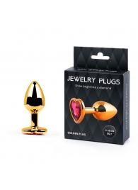 Золотистая анальная пробка с малиновым кристаллом-сердечком - 7 см. - Anal Jewelry Plug - купить с доставкой в Волгограде