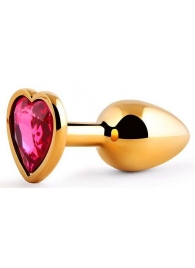 Золотистая анальная пробка с малиновым кристаллом-сердечком - 7 см. - Anal Jewelry Plug - купить с доставкой в Волгограде