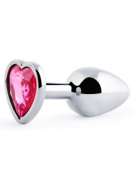 Серебристая анальная пробка с малиновым кристаллом-сердечком - 7 см. - Anal Jewelry Plug - купить с доставкой в Волгограде