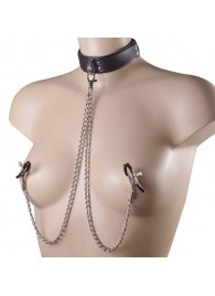 Черный ошейник с металлическими зажимами на соски и поводком - Sitabella - купить с доставкой в Волгограде