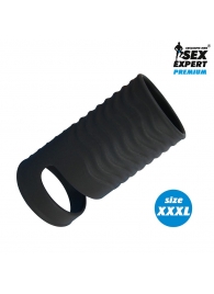 Черная открытая насадка на пенис с кольцом для мошонки XXXL-size - 9,9 см. - Sex Expert - в Волгограде купить с доставкой