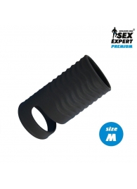 Черная открытая насадка на пенис с кольцом для мошонки size M - 7,9 см. - Sex Expert - в Волгограде купить с доставкой