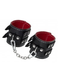 Черные кожаные наручники с двумя ремнями и красной подкладкой - Pecado - купить с доставкой в Волгограде