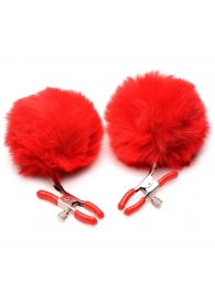 Красные зажимы на соски с помпонами Pom Pom - XR Brands - купить с доставкой в Волгограде