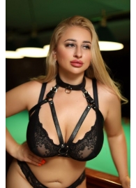 Черная кожаная сбруя с ошейником plus size из нежной кожи - БДСМ Арсенал - купить с доставкой в Волгограде