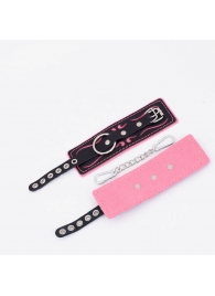 Черно-розовые кожаные наручники с розовой строчкой - Crazy Handmade - купить с доставкой в Волгограде