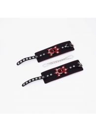 Черные кожаные наручники с красным декором и строчкой - Crazy Handmade - купить с доставкой в Волгограде