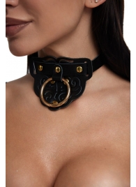 Черный фигурный кожаный ошейник с золотистой фурнитурой - Crazy Handmade - купить с доставкой в Волгограде