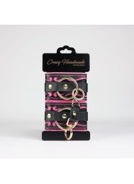 Черные кожаные наручники с розовой строчкой - Crazy Handmade - купить с доставкой в Волгограде