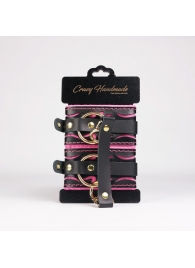 Черные кожаные оковы с розовой строчкой - Crazy Handmade - купить с доставкой в Волгограде