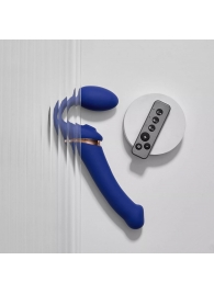 Синий безремневой страпон Multi Orgasm Bendable Strap-On size L с клиторальной стимуляцией - Strap-on-me - купить с доставкой в Волгограде