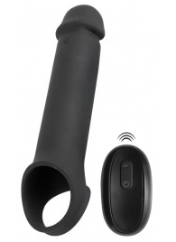 Черная вибронасадка для пениса с хомутом для мошонки и пультом ДУ Remote Controlled Penis Extension - Orion - в Волгограде купить с доставкой