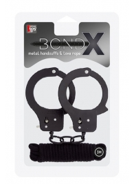 Чёрные наручники из листового металла в комплекте с веревкой BONDX METAL CUFFS LOVE ROPE SET - Dream Toys - купить с доставкой в Волгограде