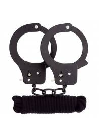Чёрные наручники из листового металла в комплекте с веревкой BONDX METAL CUFFS LOVE ROPE SET - Dream Toys - купить с доставкой в Волгограде