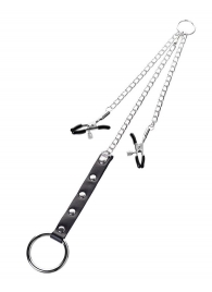 Серебристо-чёрные зажимы для сосков с кольцом для пениса TOYFA Metal - ToyFa - купить с доставкой в Волгограде