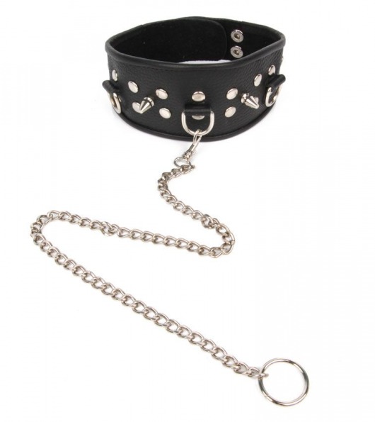Черный ошейник с шипами и металлическим поводком-цепочкой - Notabu - купить с доставкой в Волгограде