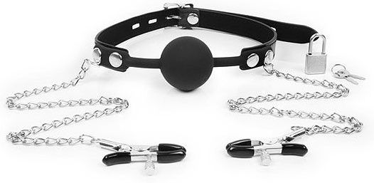 Черный кляп-шарик с зажимами на соски на металлической цепочке - Notabu - купить с доставкой в Волгограде