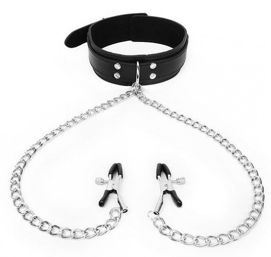 Черный ошейник с зажимами на соски на цепочке - Notabu - купить с доставкой в Волгограде