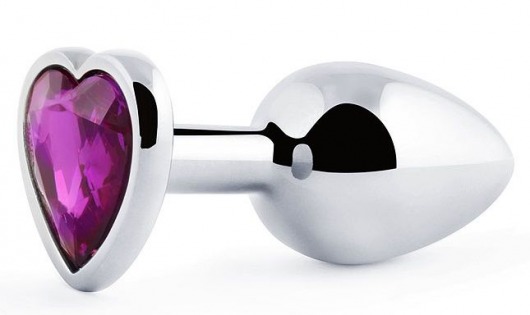 Серебристая анальная пробка с фиолетовым кристаллом-сердечком - 8 см. - Anal Jewelry Plug - купить с доставкой в Волгограде